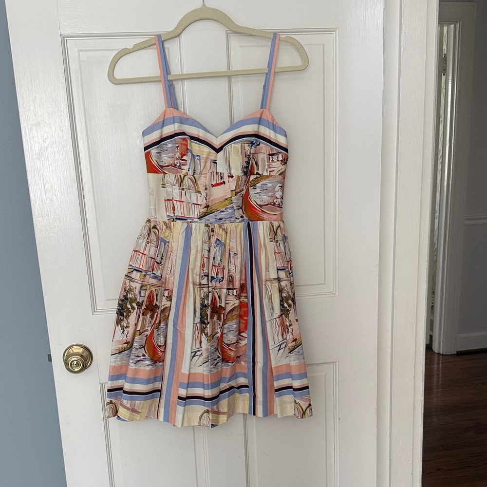 Amanda Uprichard Cream, Blue and Peach Striped Dress